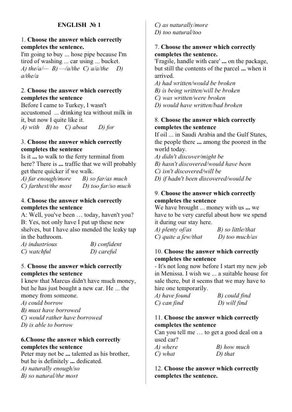 English Language Test Questions