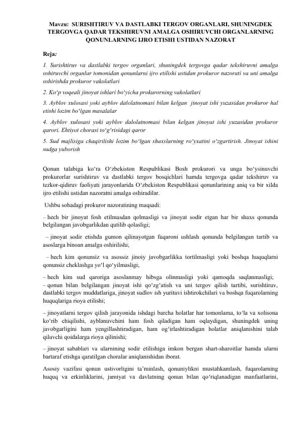Prokuror nazorati va uni amalga oshirishda prokuror vakolatlari