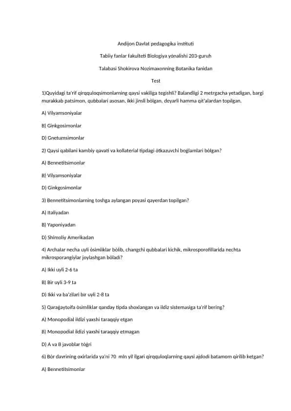 Biologiya fanidan test savollari