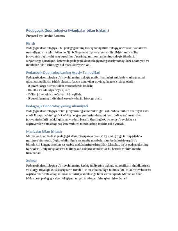 Pedagogik Deontologiya (Manbalar bilan Ishlash)
