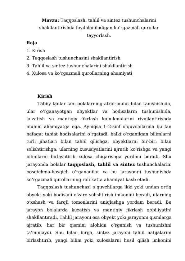 Taqqoslash, tahlil va sintez tushunchalari