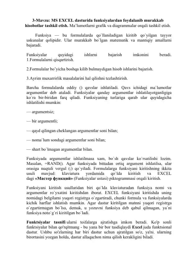 MS Excel dasturida funksiyalardan foydalanish