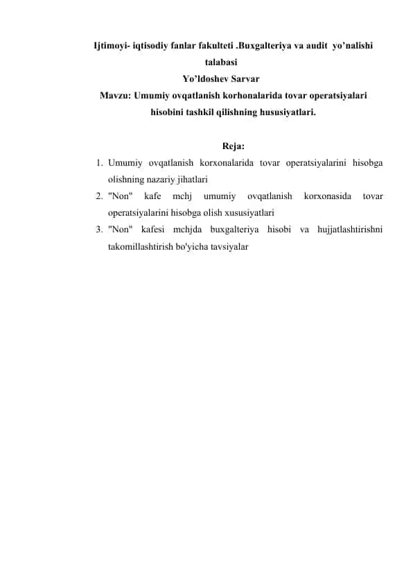 Umumiy ovqatlanish korhonalarida tovar operatsiyalari