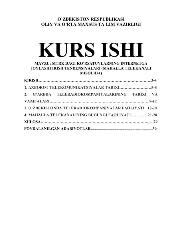 MTRK DAGI KOʻRSATUVLARNING INTERNETGA JOYLASHTIRISH TENDENSIYALARI (MAHALLA TELEKANALI MISOLIDA)