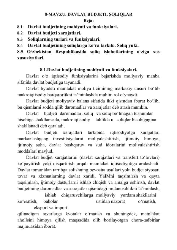 Davlat Budjeti va Soliqlar