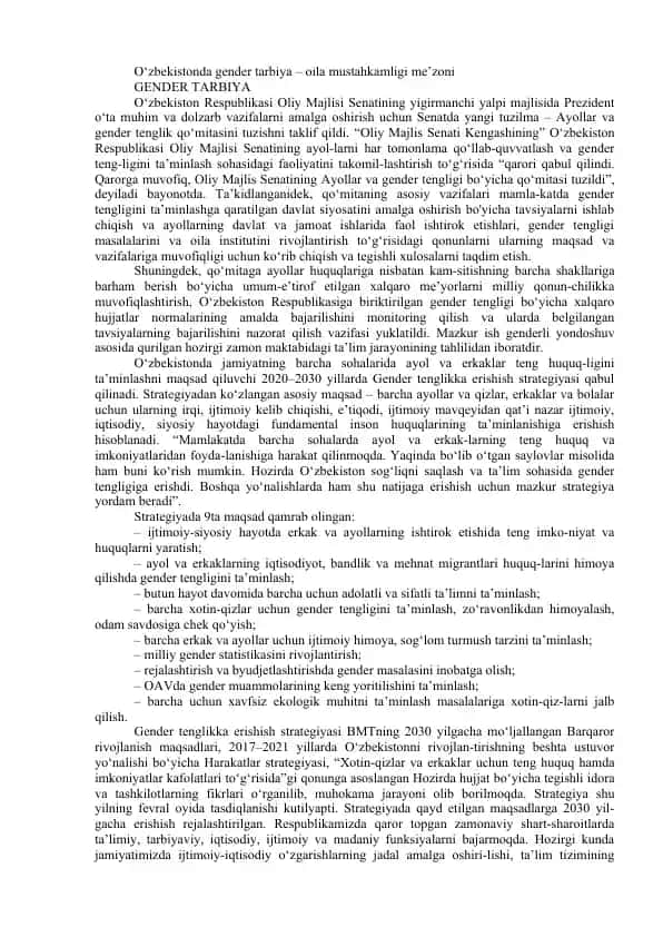 Gender tarbiya - oila mustahkamligi me’zoni