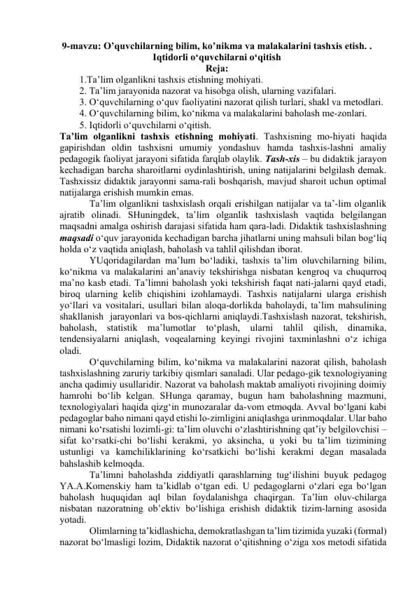 Ta'lim olganlikni tashxis etish.