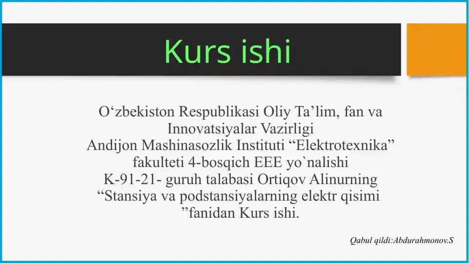 110kV podstansiyalarni elektr sxemasini loyihalash
