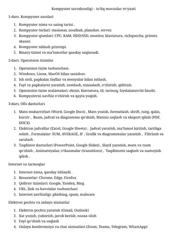 Kampyuter Savodxonligi darslari uchun eng kerakli ajoyib mavzular tuplami
