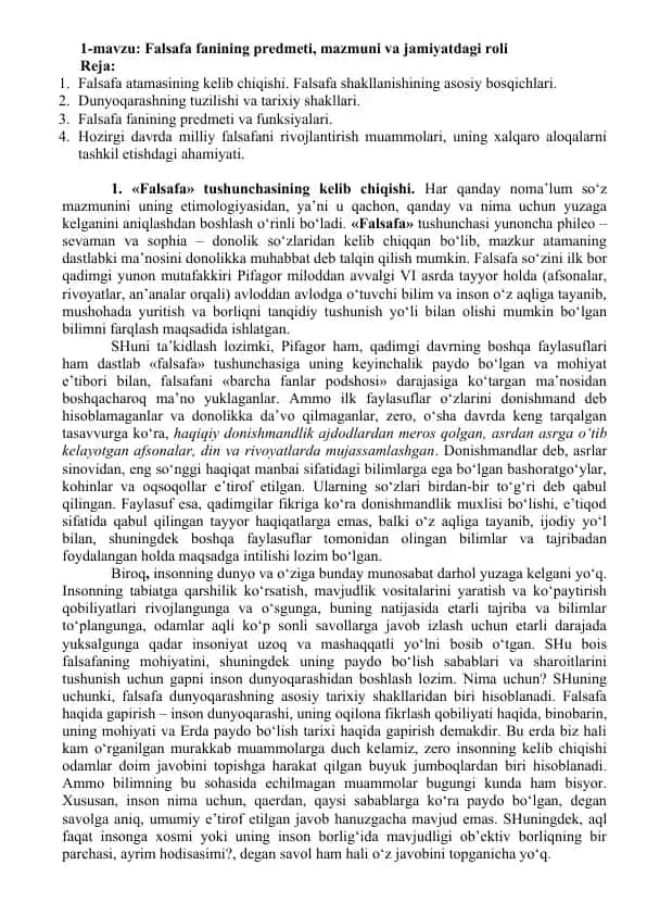 Falsafa fanining predmeti, mazmuni va jamiyatdagi roli
