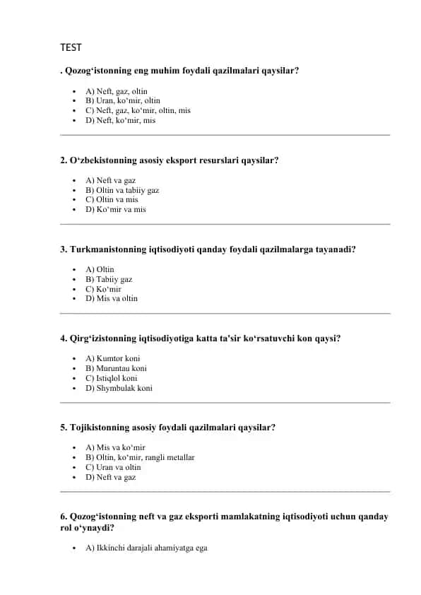 Xalqaro iqtisodiyotdagi mamlakatlar haqida test savollari