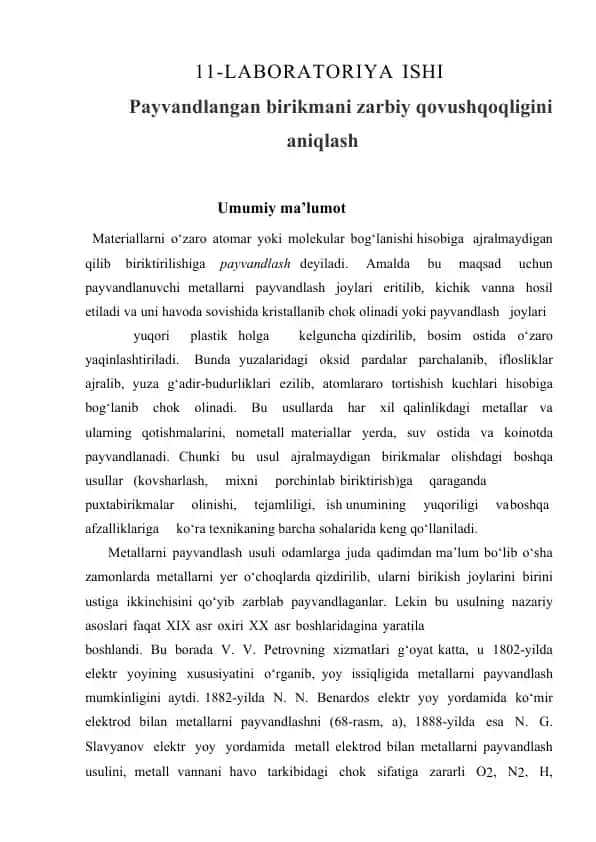 11-Laboratoriya ishi: Payvandlangan birikmani zarbiy qovushqoqligini aniqlash