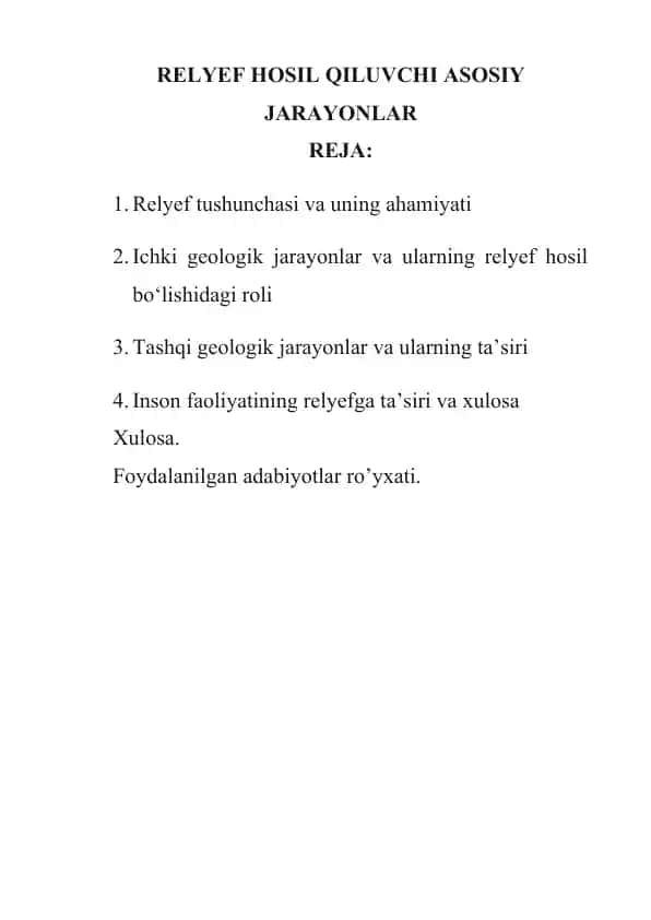 RELYEF HOSIL QILUVCHI ASOSIY JARAYONLAR