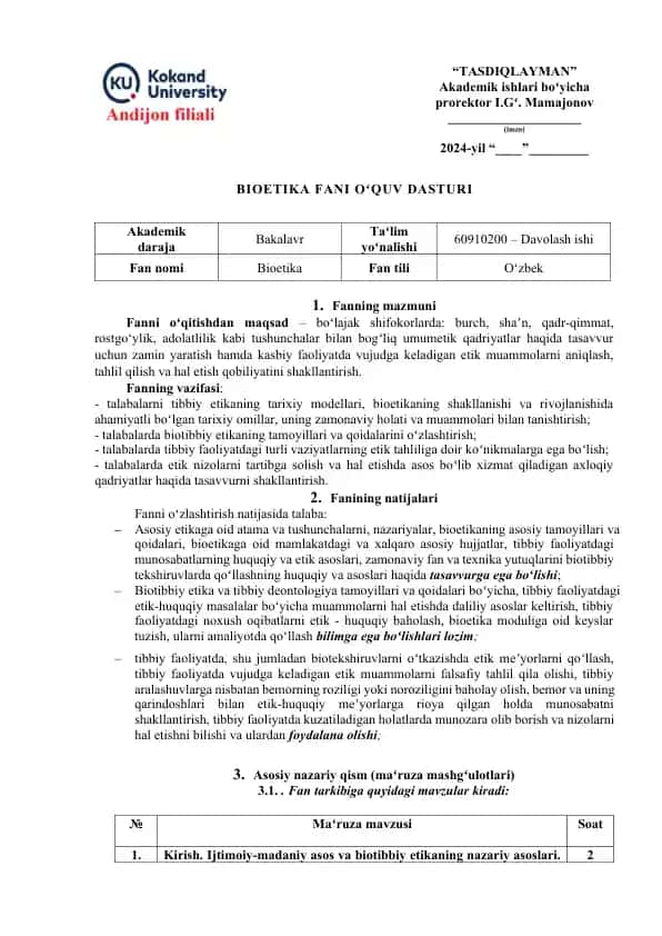 BIOETIKA FANI OʻQUV DASTURI
