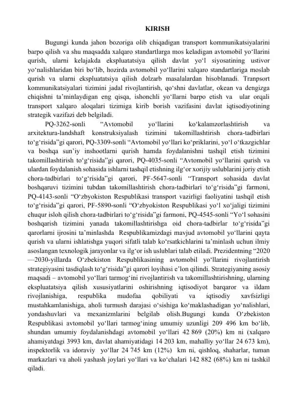 Avtomobil yo‘llarini mukammal ta’mirlash texnologiyasi, ekspluatatsion ko‘rsatkichlarini baholash va sifat nazoratini tashkil etish