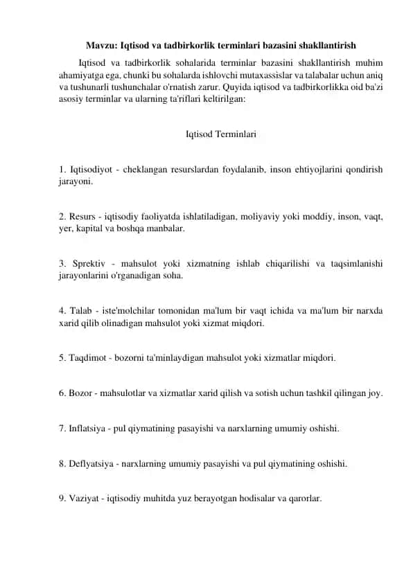 Iqtisod va tadbirkorlik terminlari bazasini shakllantirish