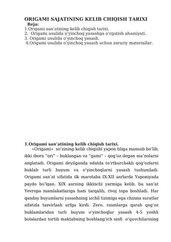 Origami sajatining kelib chiqish tarixi