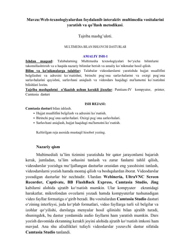 Web-texnologiyalardan foydalanib interaktiv multimedia vositalarini yaratish va qo’llash metodikasi
