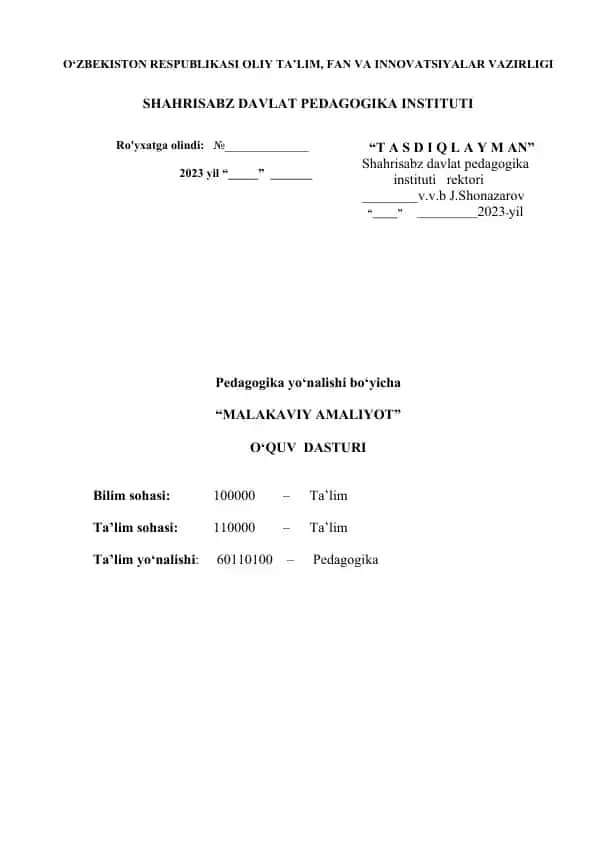 Pedagogika yo‘nalishiga malakaviy amaliyot