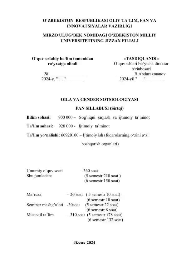 OILA VA GENDER SOTSIOLOGIYASI FAN SILLABUSI