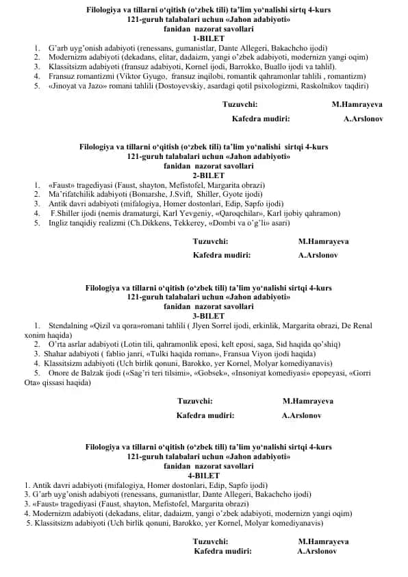 Jahon adabiyoti nazorat savollari