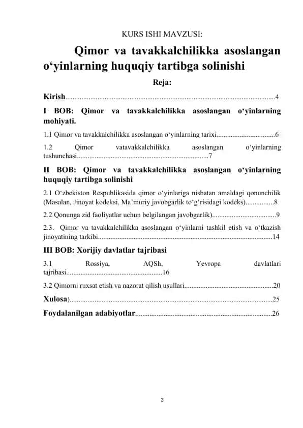 Kurs ishi mavzusi: Qimor va tavakkalchilikka asoslangan o‘yinlarning huquqiy tartibga solinishi