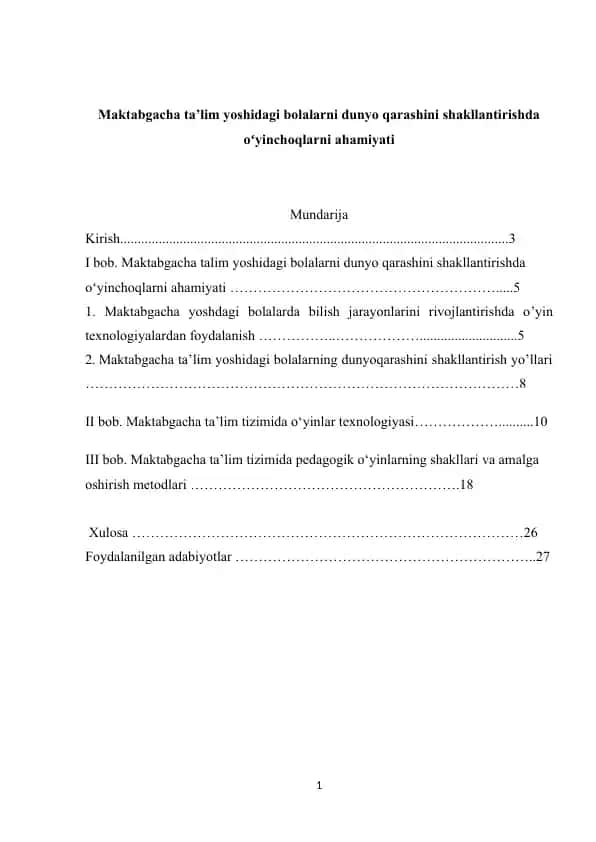 Maktabgacha ta’lim yoshidagi bolalarni dunyo qarashini shakllantirishda oʻyinchoqlarni ahamiyati