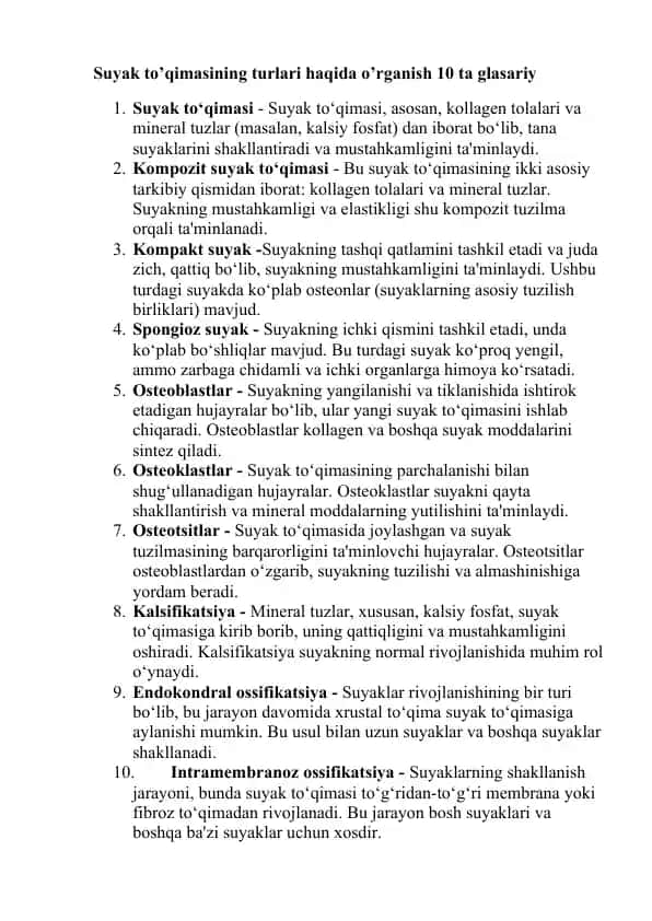 Suyak to’qimasining turlari haqida o’rganish 10 ta glasariy