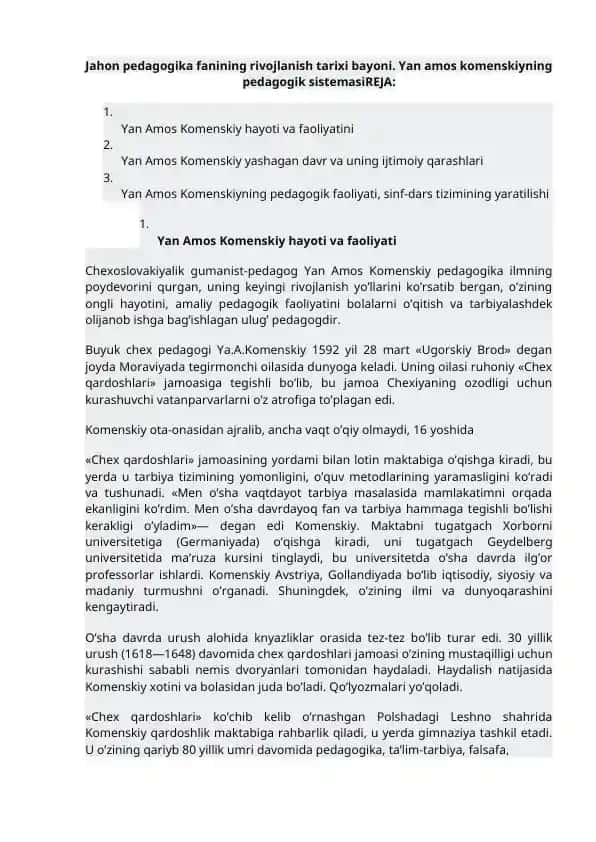 Yan Amos Komenskiyning pedagogik faoliyati
