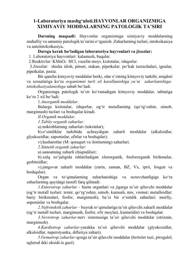 Hayvonlar organizmiga kimyaviy moddalar ta'siri