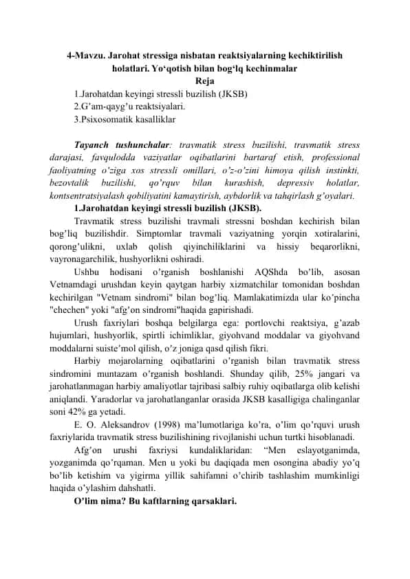 Jarohatdan keyingi stressli buzilish (JKSB)