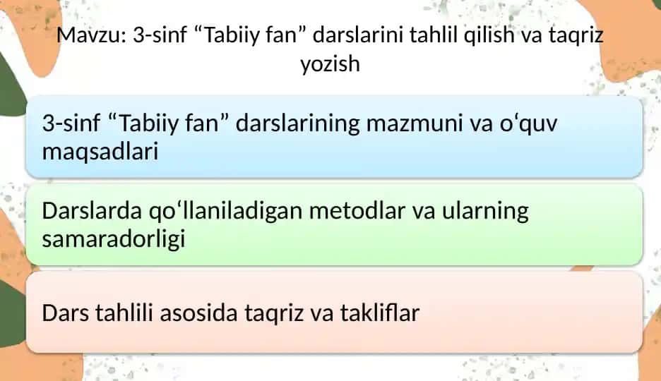 3-sinf “Tabiiy fan” darslarini tahlil qilish va taqriz yozish