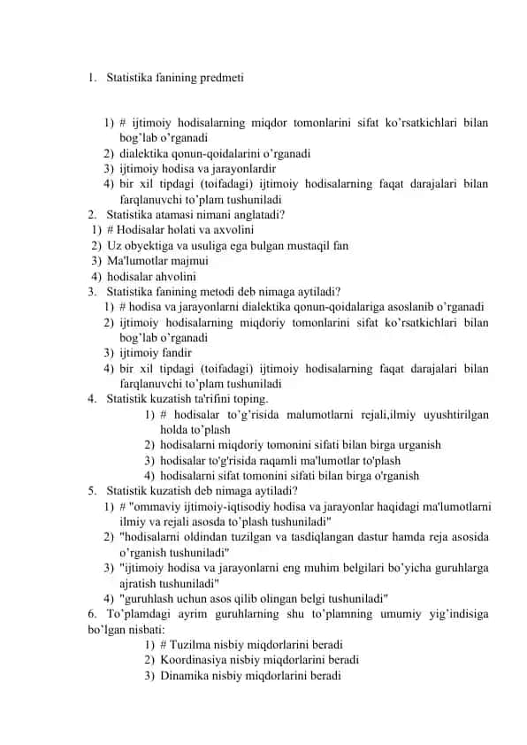 Statistika fanining predmeti