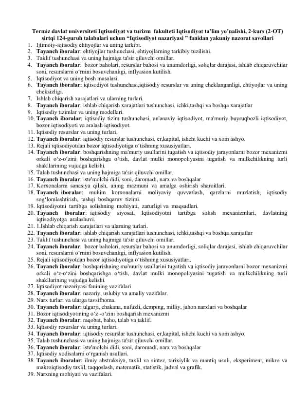 "Iqtisodiyot nazariyasi nazorat savollari"
