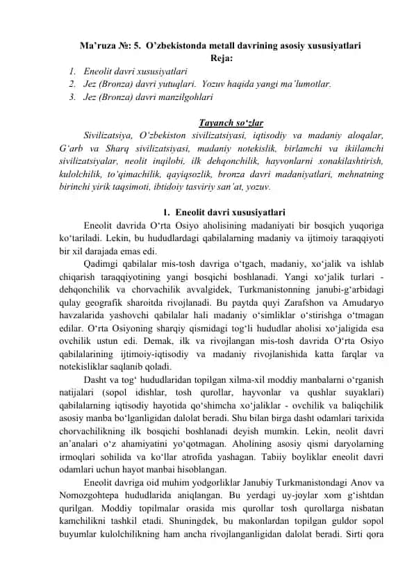 O‘zbekistonda Metall Davrining Asosiy Xususiyatlari