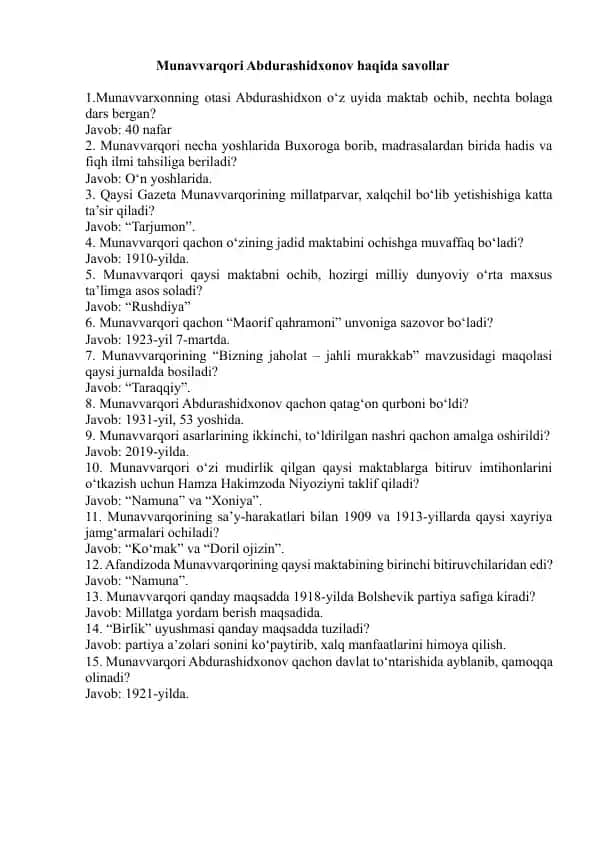 Munavvar qori Abdurashidxonov test 15 ta lik