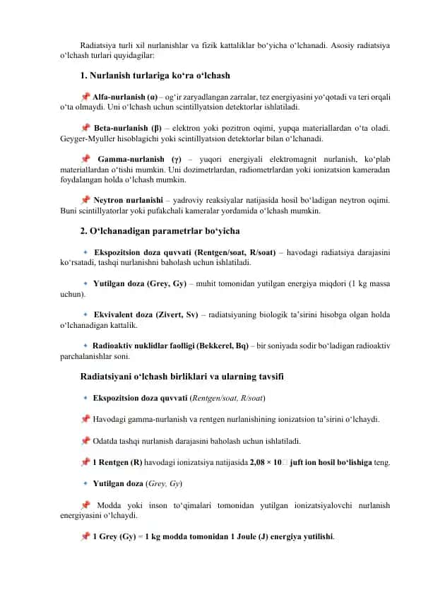 Radiatsiya o'lchash turlari