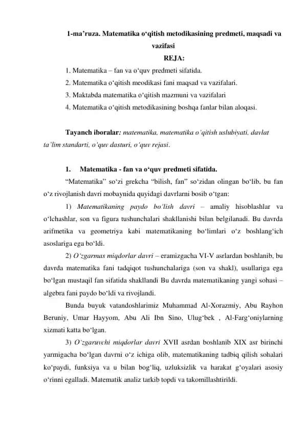 Matematika o‘qitish metodikasi