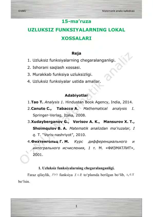 UZLUKSIZ FUNKSIYALARNING LOKAL XOSSALARI