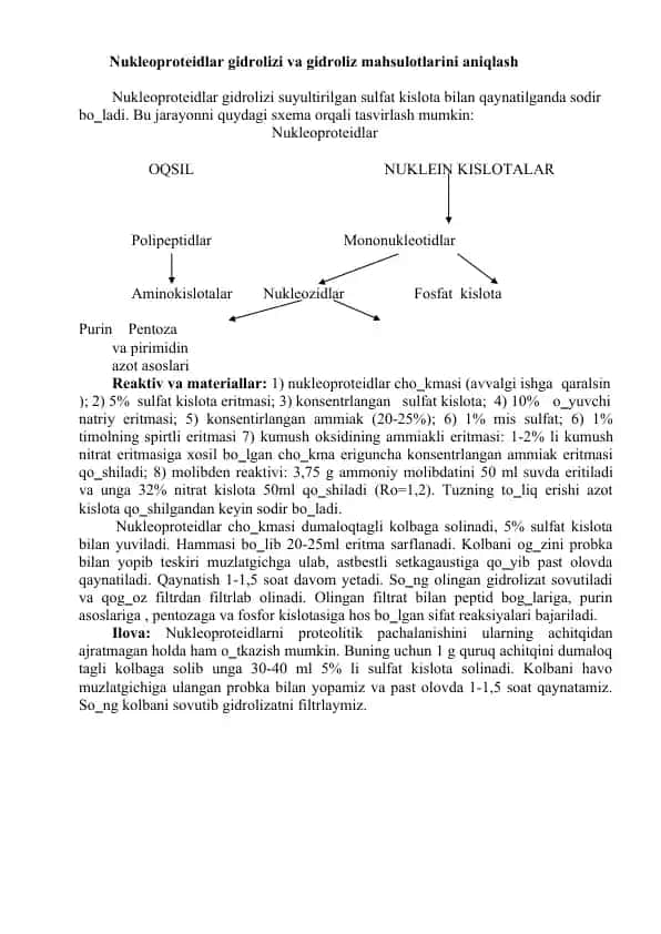 Nukleoproteidlar gidrolizi va gidroliz mahsulotlarini aniqlash