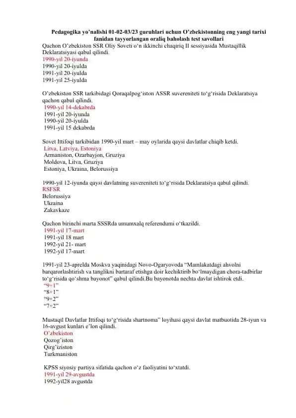 O’zbekistonning yangi tarixi fanidan oraliq baholash test savollari