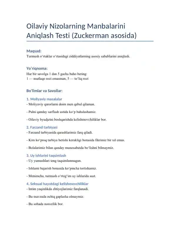Oilaviy Nizolarning Manbalarini Aniqlash Testi