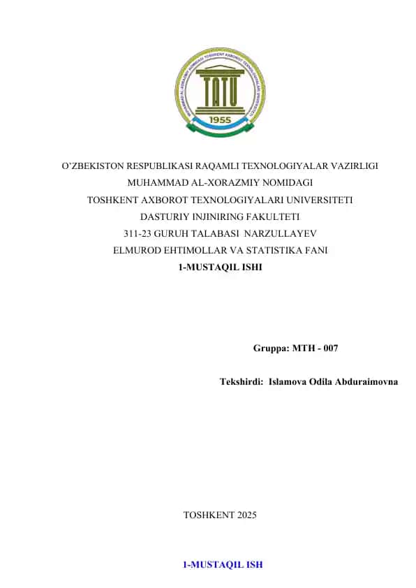 TANLANMANI BOSHLANG‘ICH STATISTIK TAHLILI