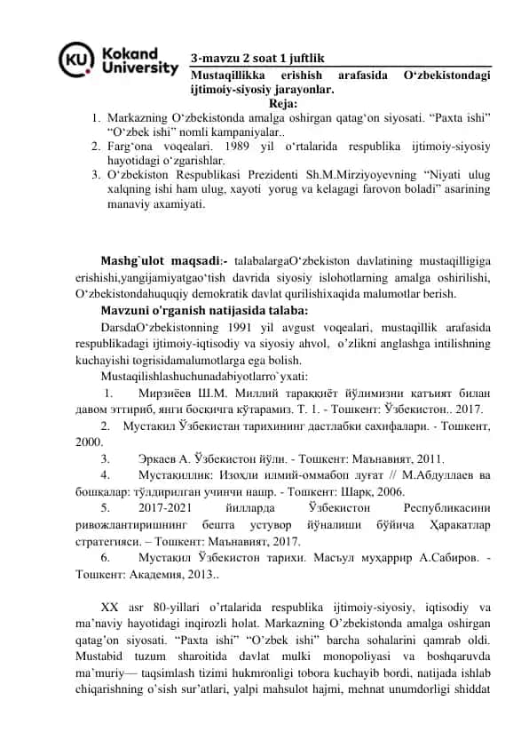 O'zbekistonning Mustaqiligi va Iqtisodiyotiyotdagi O'zgarishlar