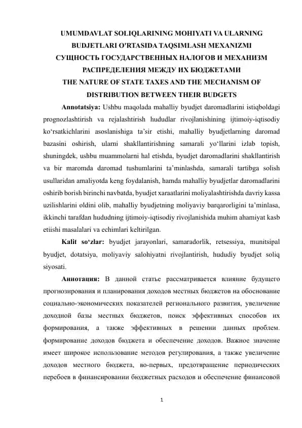Umumidavlat soliqlarining mohiyati va ularning budjetlari ortasida taqsimlash mexanizmi