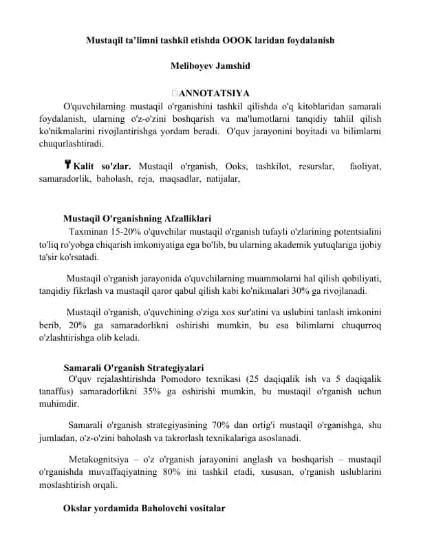 Mustaqil ta’limni tashkil etishda OOOKlardan foydalanish