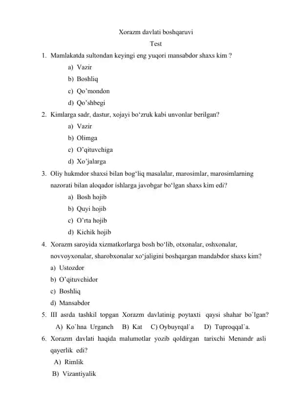 Xorazm davlati boshqaruvi – Test