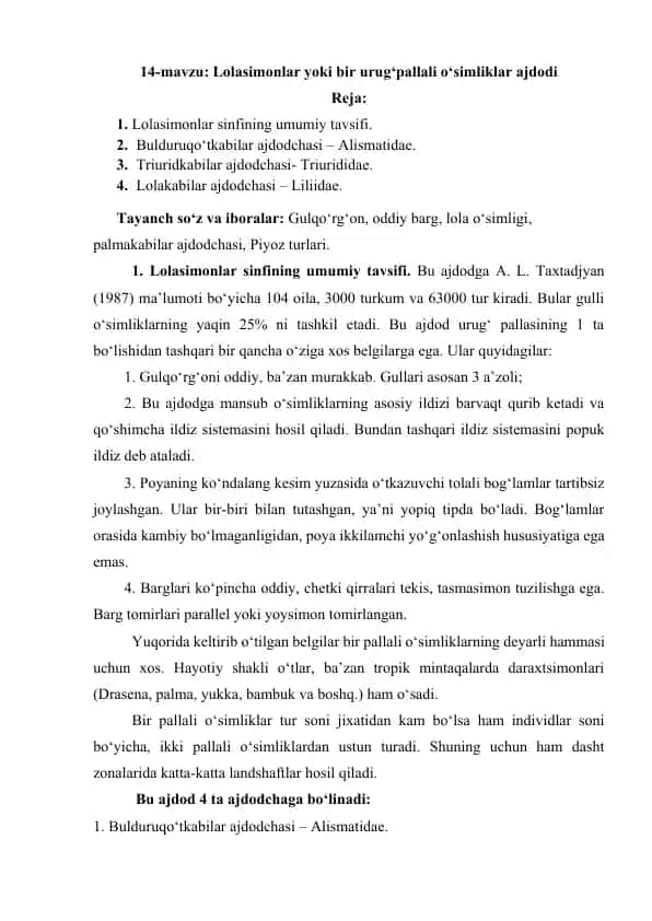 Lolasimonlar yoki bir urug‘pallali o‘simliklar ajdodi