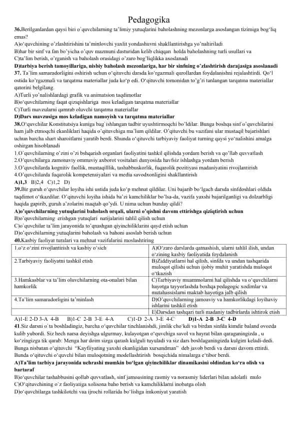 Pedagogika fanidan test savollari to‘plami (36–50-savollar)