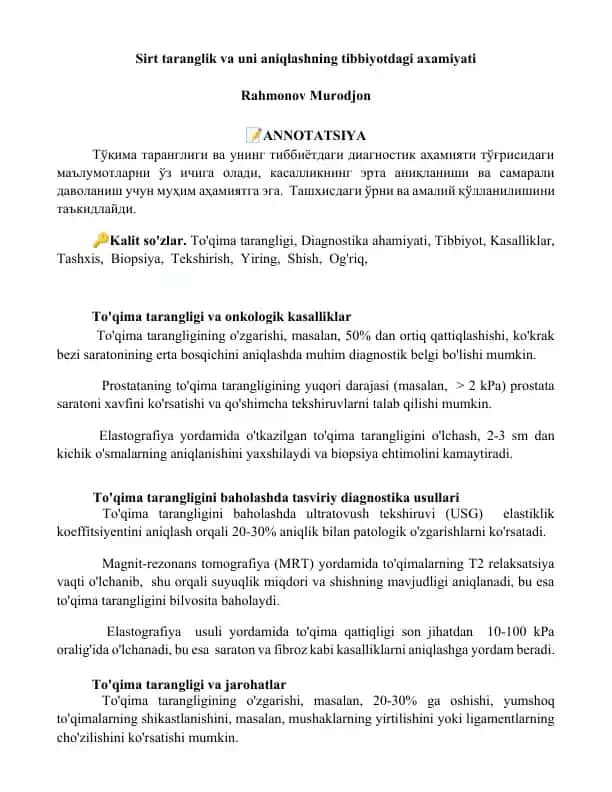 To'qima tarangligi va uni aniqlashning tibbiyotdagi axamiyati